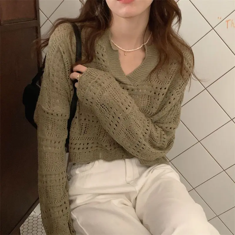 Autumn and Winter Women's Pullover Polo with Perforated Solid Color Hollow Long Sleeve Sweater Knitted Bottom Elegant Tops