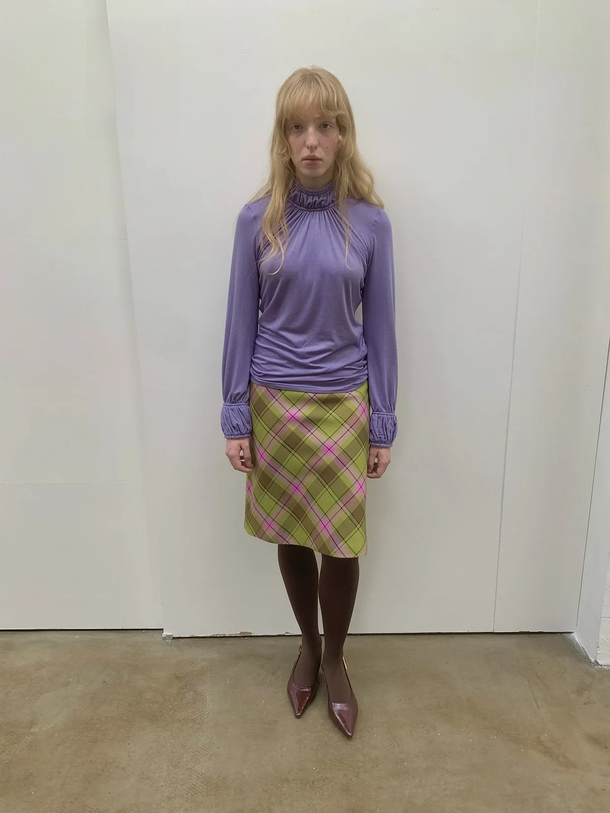 

SA Purple f High Collar Gathered Base irt Long Sve Casual Sle Women's Knitted Top Lenzing Rayon Fiber Blend