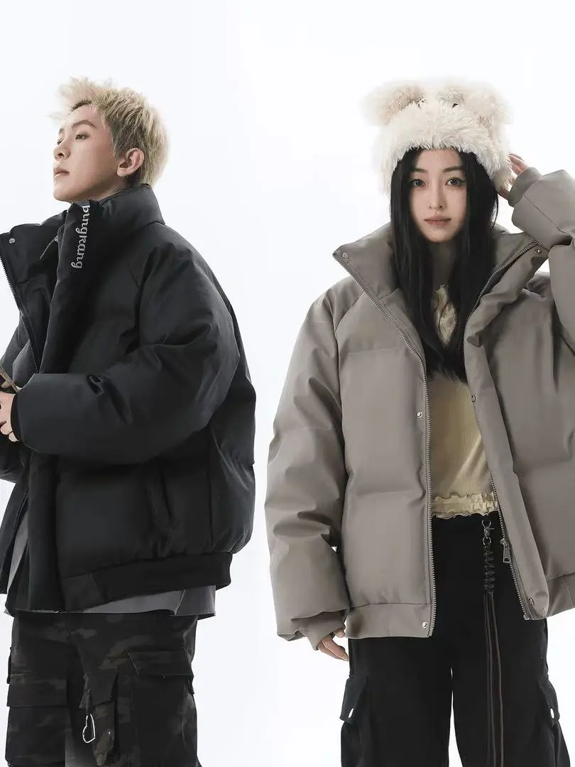 

Thiened Stand Collar American Sle Trendy Embroidered PU Leather Cotton Jaet Men's Winter Warm Bread Design Sense Leathe...