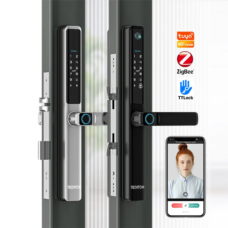 

July005 TTlock Tuya Wifi Electric Keyless Biometric Fingerprint Waterproof Outdoor Smart Aluminum Slim Sliding Glass Handle Door