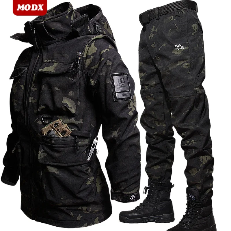 

Men Winter Shark Skin Tactical Camouflage Set Outdoor Warm Soft Shell Windbreaker+pants 2-piece Thicken Training Combat Suit