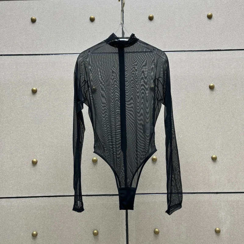 Black Three Dimensional Geometric Letters See Through Long Sleeve Bodysuit 2024 Summer Sexy New Collection High Quality Clothing