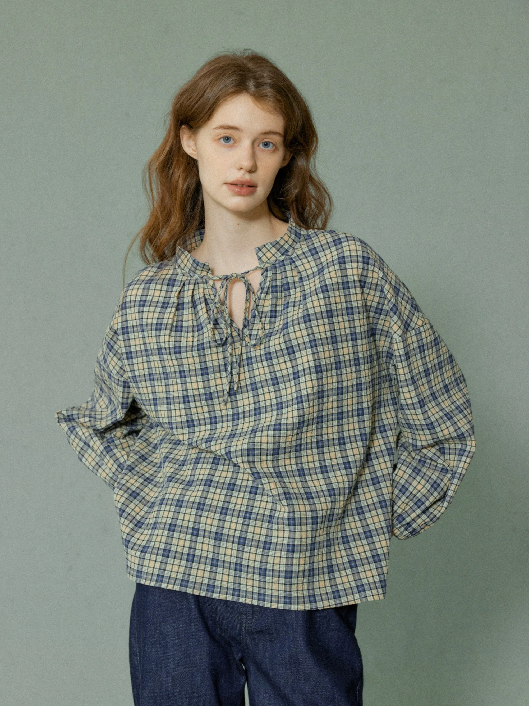 

Early Autumn New Arrival Clouds between Mystery Design ey Blue Belted Bubble Plaid irt Loose Fit Cotton Polyester Blend