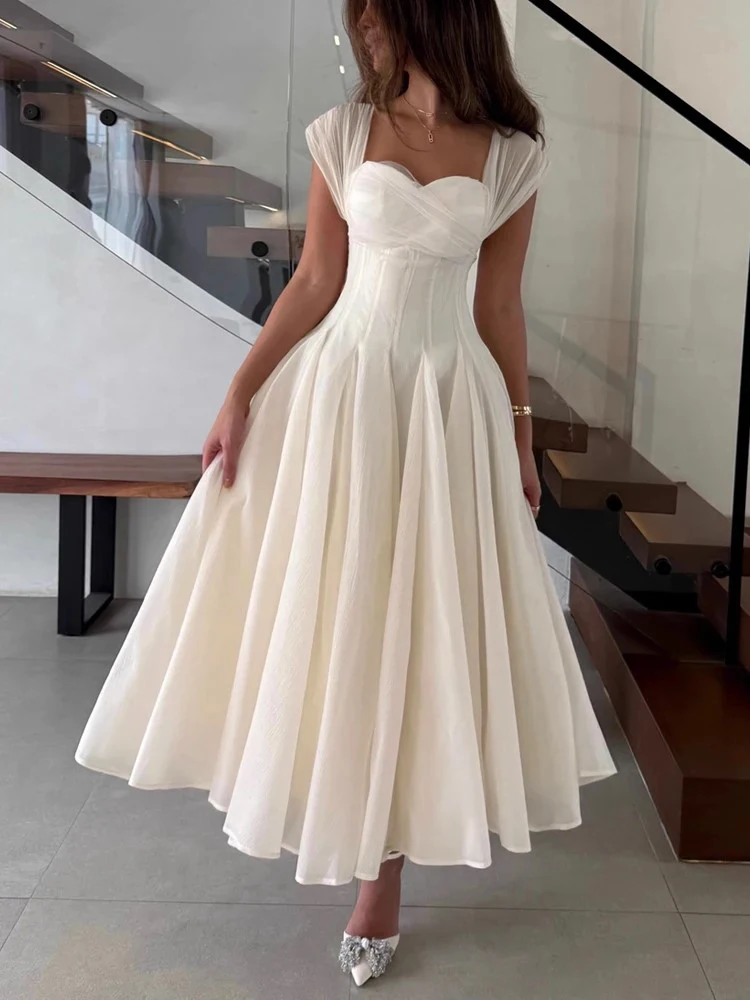 Moda pescoço quadrado sem mangas vestido elegante drapeado altura cintura temperamento vestido longo casual baile de formatura cor sólida vestido de festa