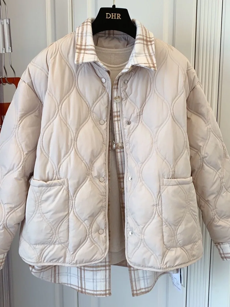 

Trendy Plaid Patchwork down Cotton Jaet Women's Winter Casual Loose Fake Two-Piece Warm Coat Sli Cotton Outerwear