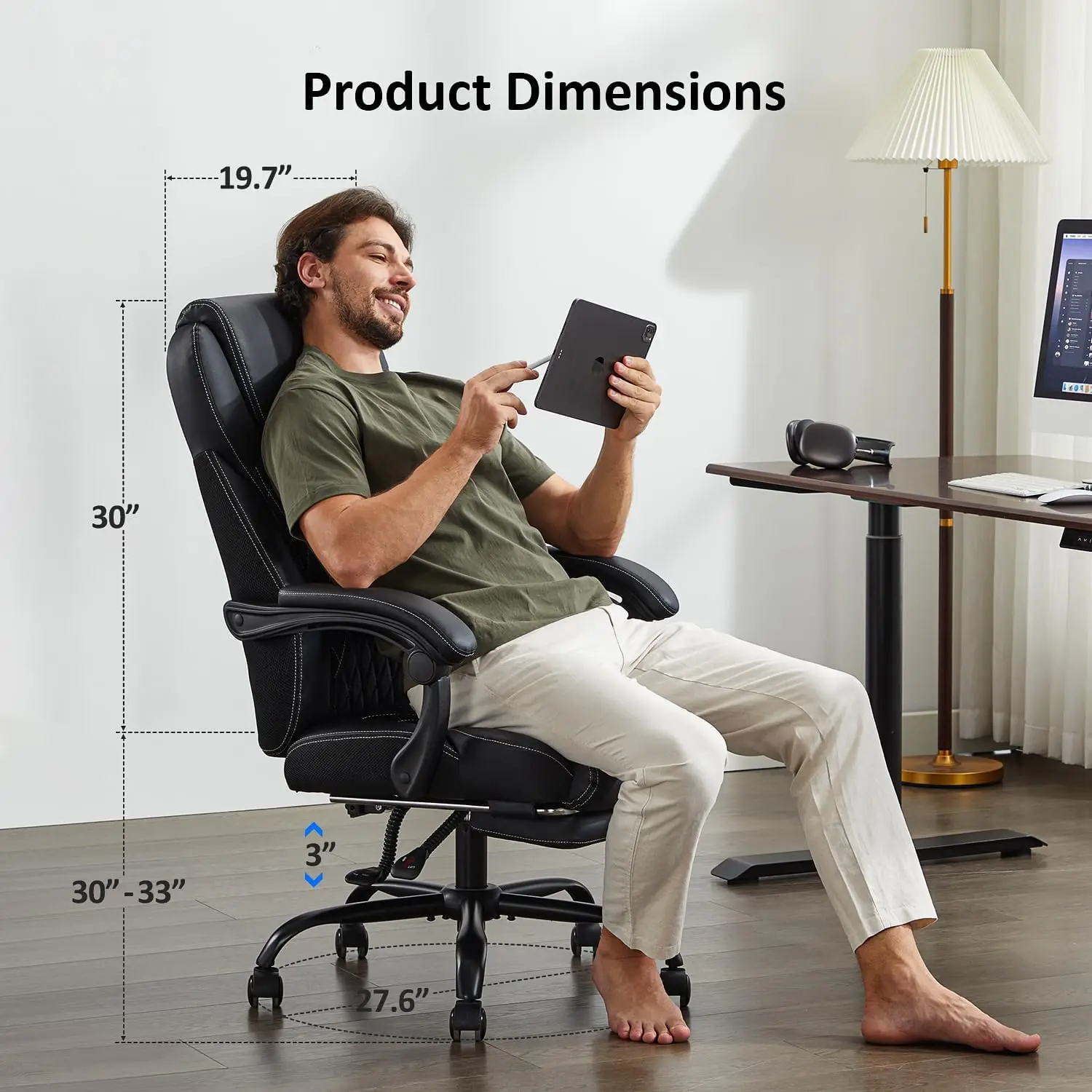 كرسي مكتب كبير وطويل مع مسند للقدمين، كرسي جلدي مريح للاستلقاء للمكتب المنزلي (أسود)