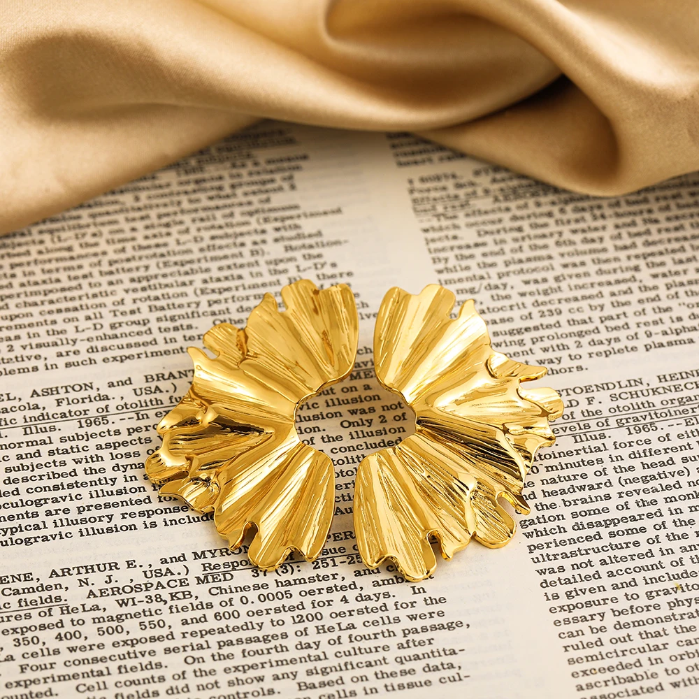 Punk Exaggerated Gold Plated Wrinkled Leaf Earrings For Women Symmetric fan-shaped statement Earring Vintage Jewelry