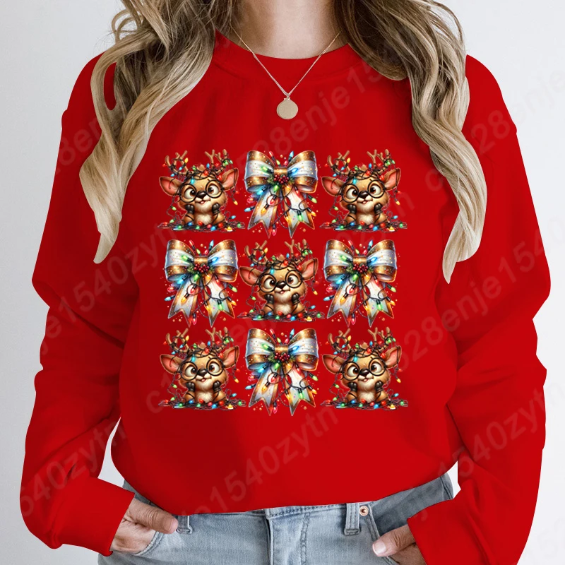 

Christmas Light Reindeer Bow Sweatshirt Women Autumn And Winter Casual Sports Pullover Ladies Round Neck Hoodeless Pullover Tops