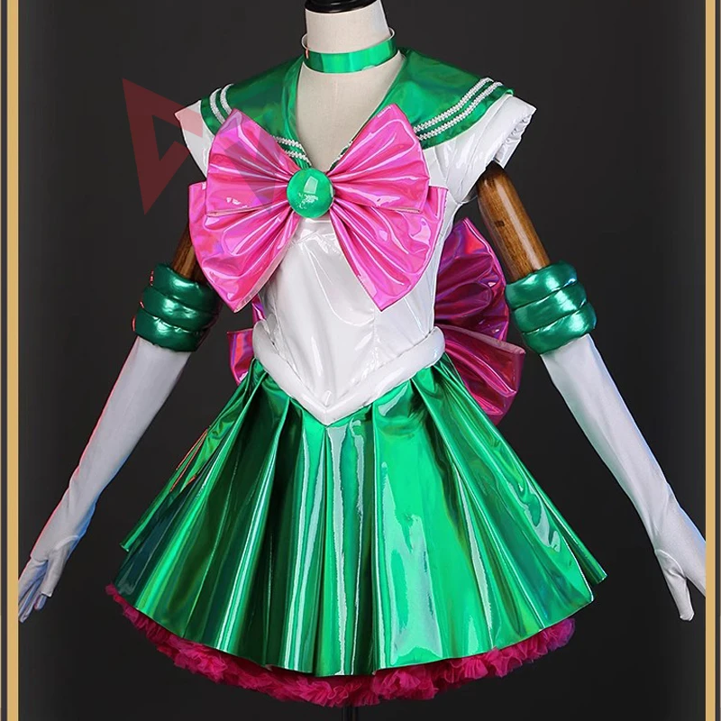 New Anime Kino Makoto Sailor Jupiter Cosplay Costume Leather Skirt Jumpsuit Gloves Necklace Set Custom Made