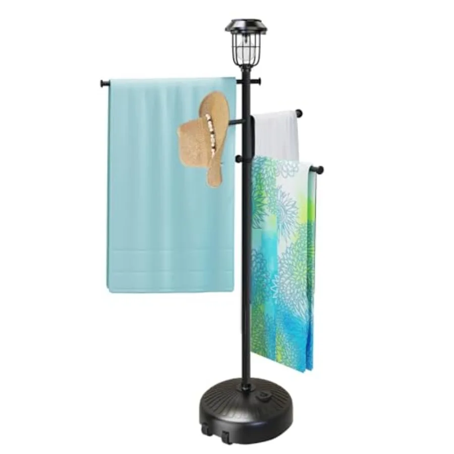 

Outdoor solar-powered pool towel rack with sturdy steel frame, black finish, adjustable height, wheels for mobility, and integr