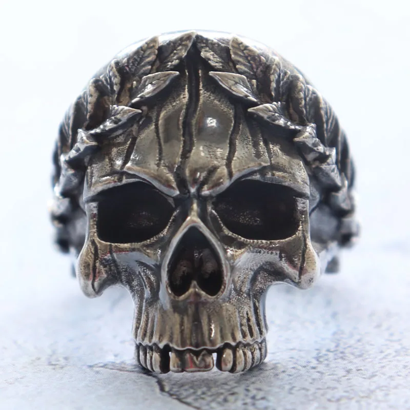 19-22g 3D Laurel Wreath Skull Mens Rings Customized 925 Solid Sterling Silver Rings Many Sizes 7-12