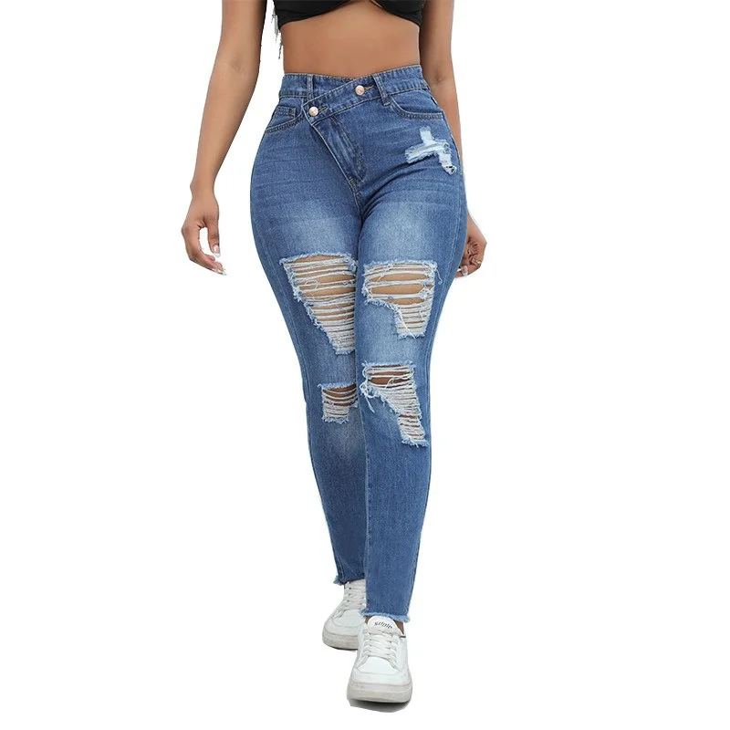 Nowe seksowne damskie z wysokim stanem wąskie porwane jeansy modne spodnie spodnie ołówkowe ze strechu modny czarny legginsy Jeans Plus Size