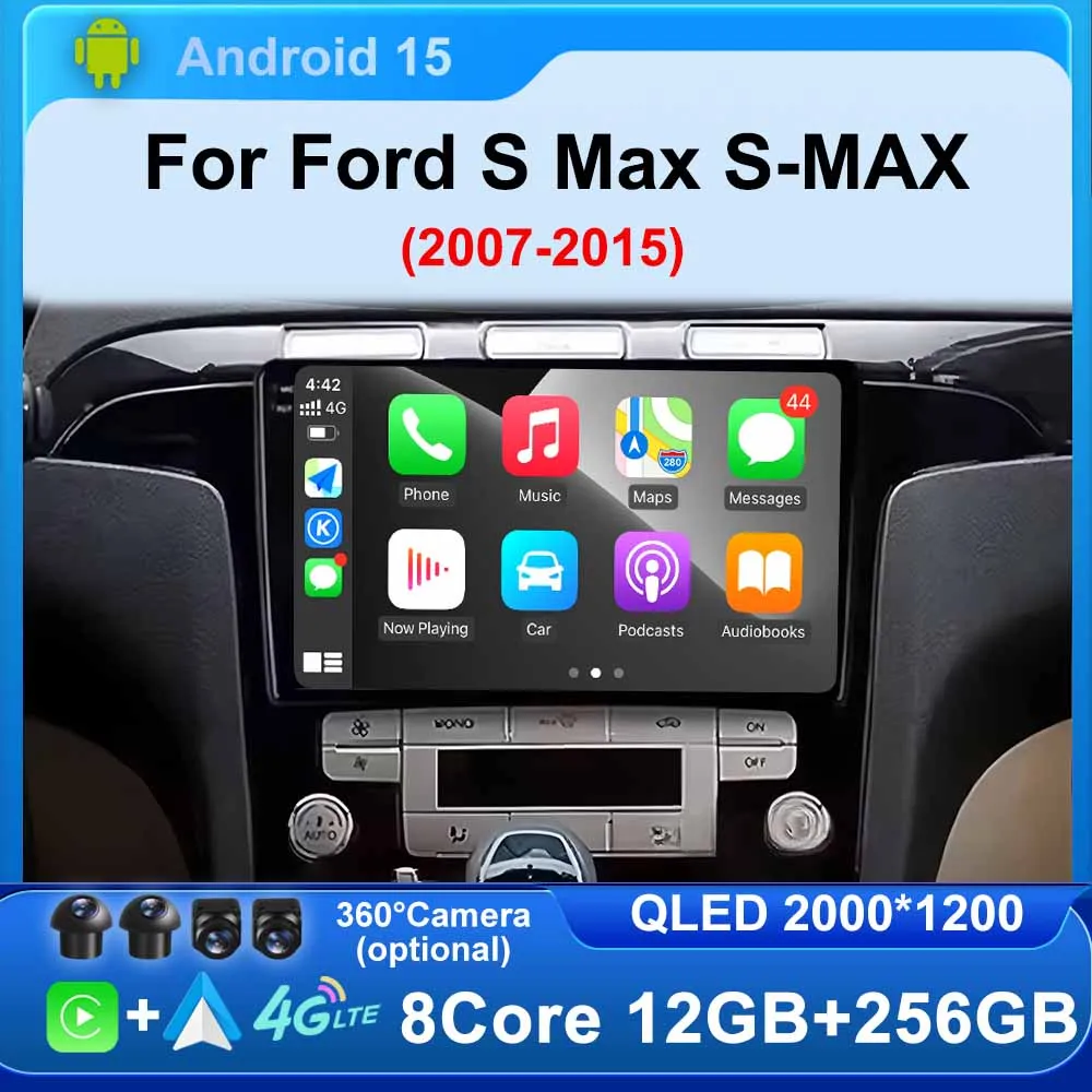 Android 15 Carplay Auto Car Radio for Ford S Max S-MAX 2007-2015 BT GPS Multimedia Video Player Stereo Head Unit 360 Camera DSP