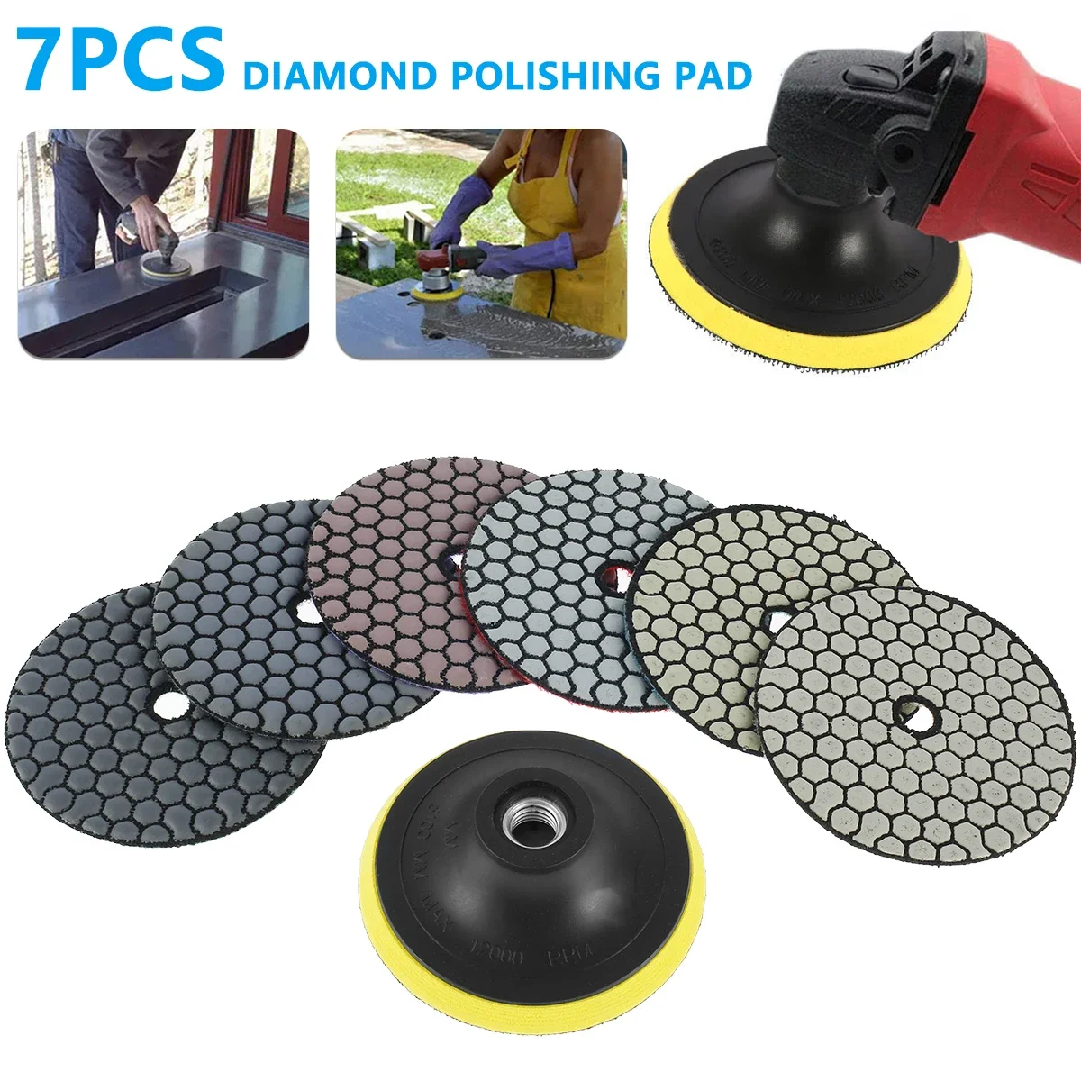 

7pcs 4 Inch/100mm Diamond Polishing Pads Dry Polishing Kit 30-3000 Grit Diamond Grinding Pads with M14 Backer Pad Polishing