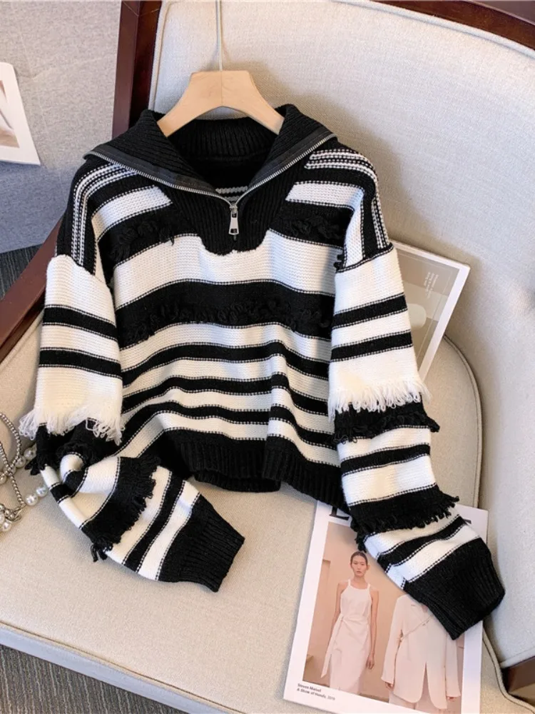 Spring Autumn Half Zippers Striped Sweater For Women Loose Tassel Knitted Pullover Tops Casual Oversized Long Sleeve Sweater