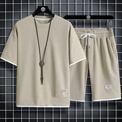 2024 new Summer Men's Waffle Sets Casual T-Shirt And Shorts Set Male Sports Suit Solid Color Tracksuit Loose Suits