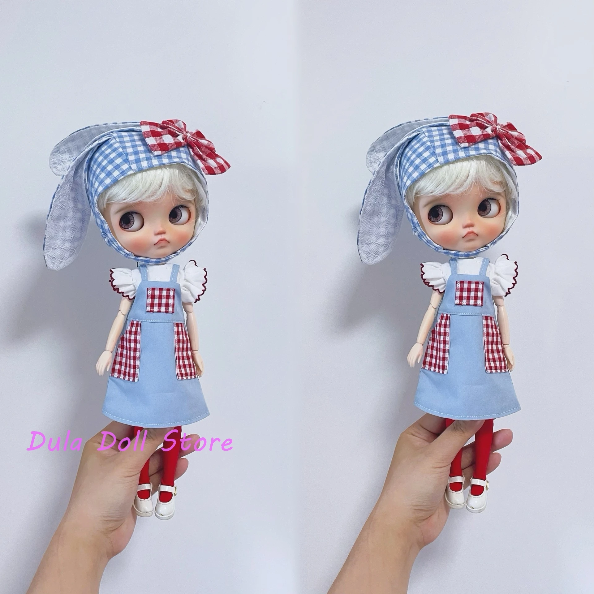 Dula Doll Clothes Dress Rabbit ear splicing grid skirt Blythe ob24 ob22 Azone Licca ICY JerryB 1/6 Bjd Doll