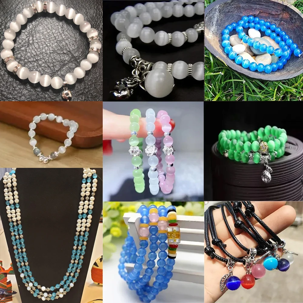 Natural Stone Black Cat Eye Beads Round Loose Opal Stone Spacer Bead For Jewelry Making DIY Bracelet Necklace 15\