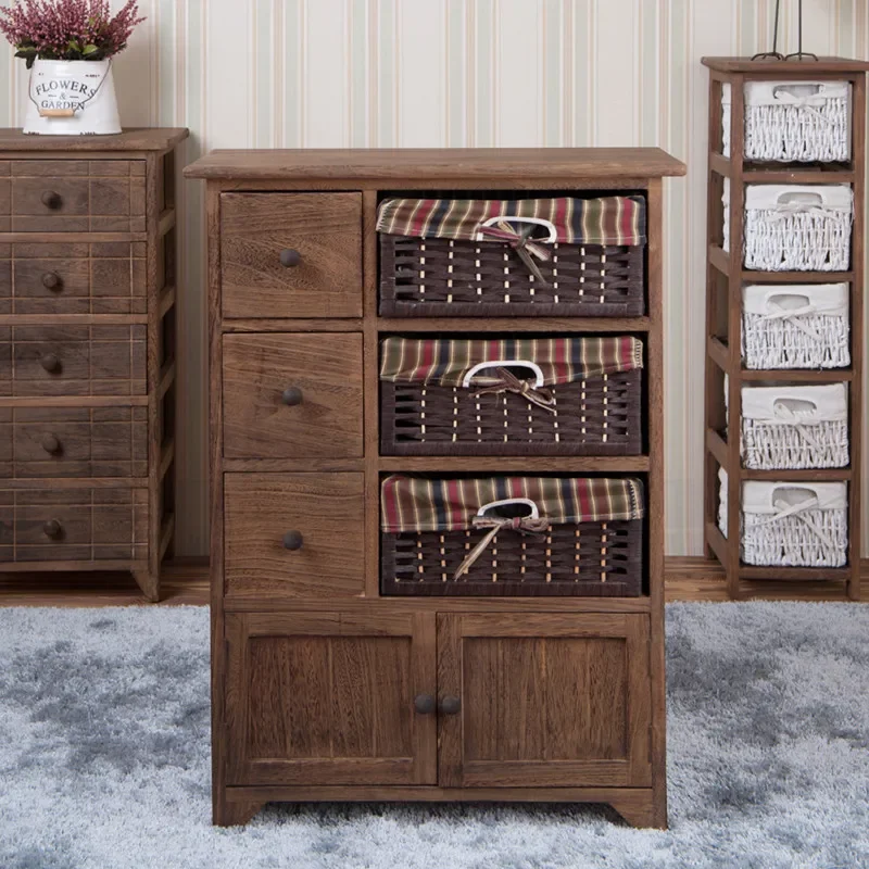 American pastoral solid wood bedside table rattan storage cabinet bedroom retro cabinet drawer chest of drawers small locker