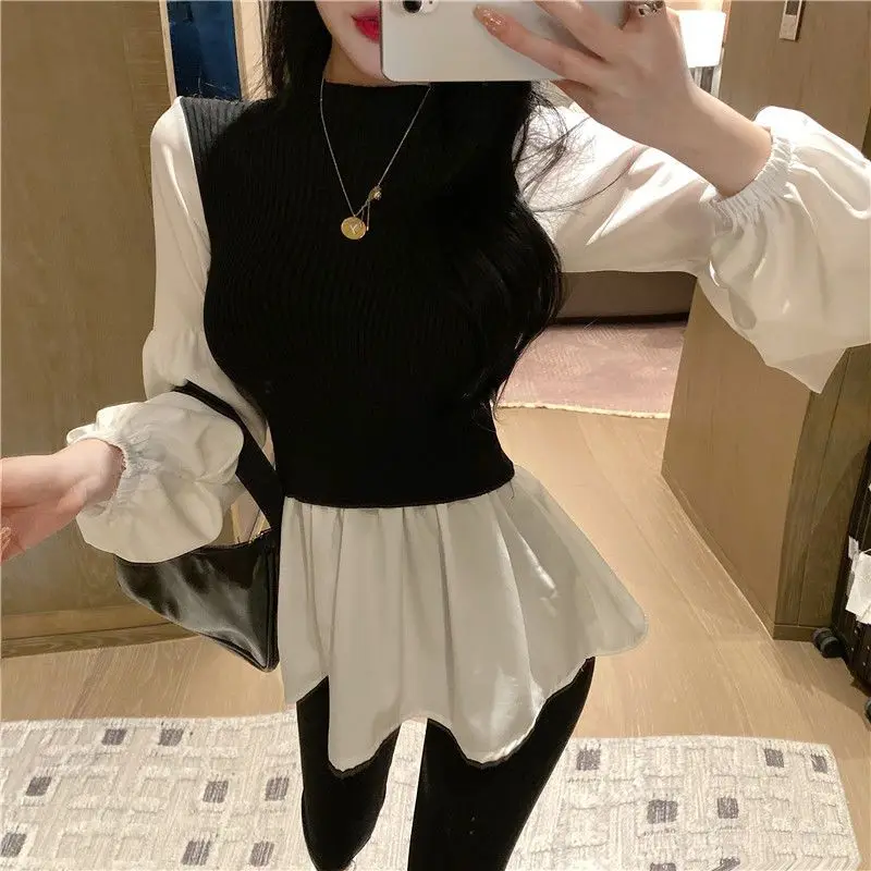 Spring Autumn Slim Patchwork Shirt Tops Long Sleeve Contrast Fake Two Piece Elegant Pullovers Vintage Fashion Women Clothing