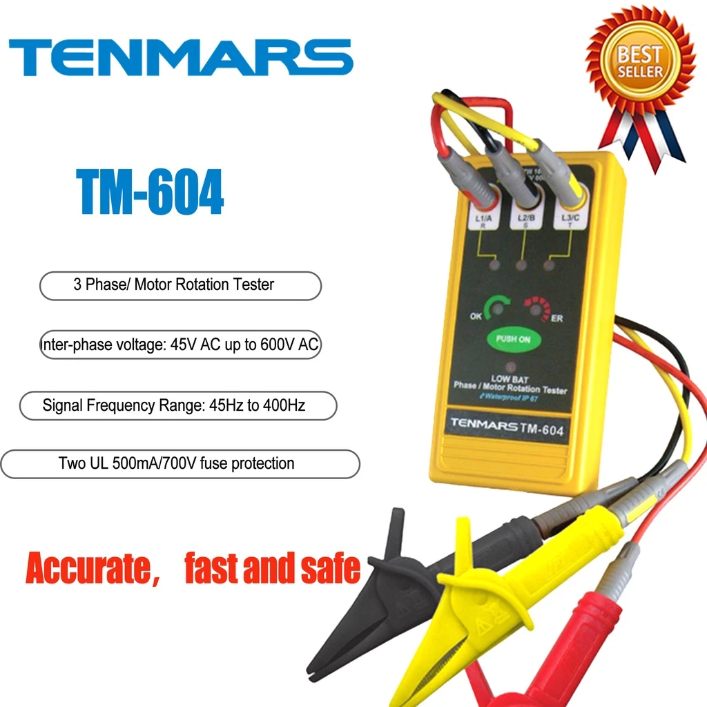 TENMARS TM-604 3 Phase/Motor Rotation Tester Use For Check Motors for Rotation Direction.Three Phase Motor Installation.