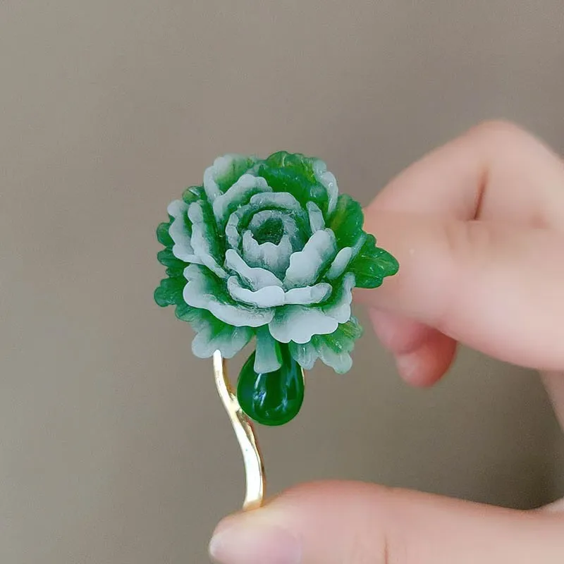 Vintage Resin Stone Green Peony Brooch for Woman Flower Lapel Pins Chinese Style Party Wedding Suit Coat Jewelry Gifts image 5