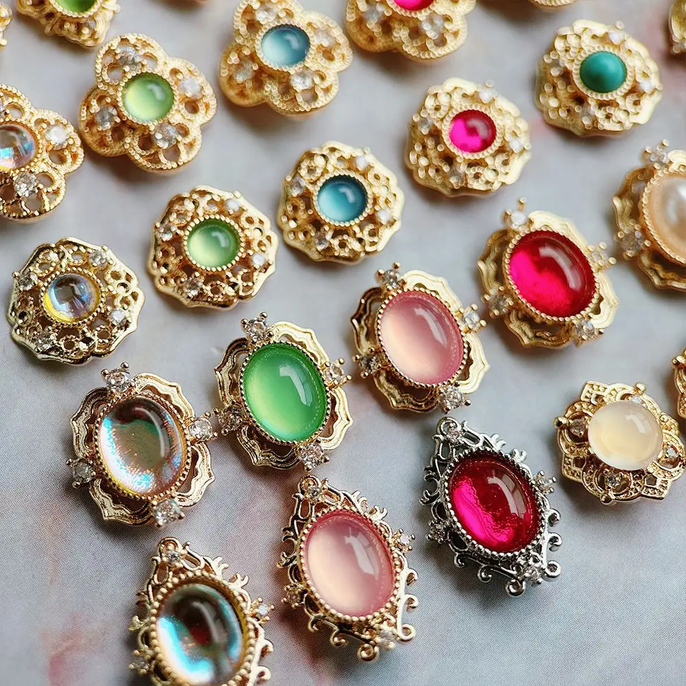 10pcs Retro Palace Round Oval Flowers Style Zircon Metal Nails Jewelry Decorations Nail Art Accessories Charms Parts Supplies
