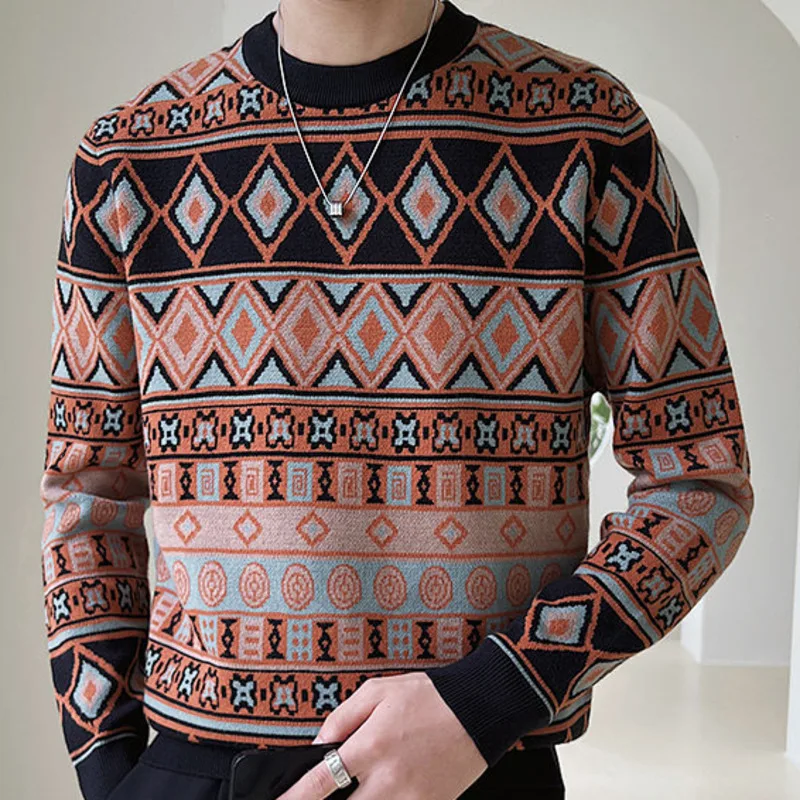 Ethnic Retro Contrast Printing Sweater Mens Pullover Sweater Pull Homme Fall Sweater For Men Knitted Round Neck Sweater