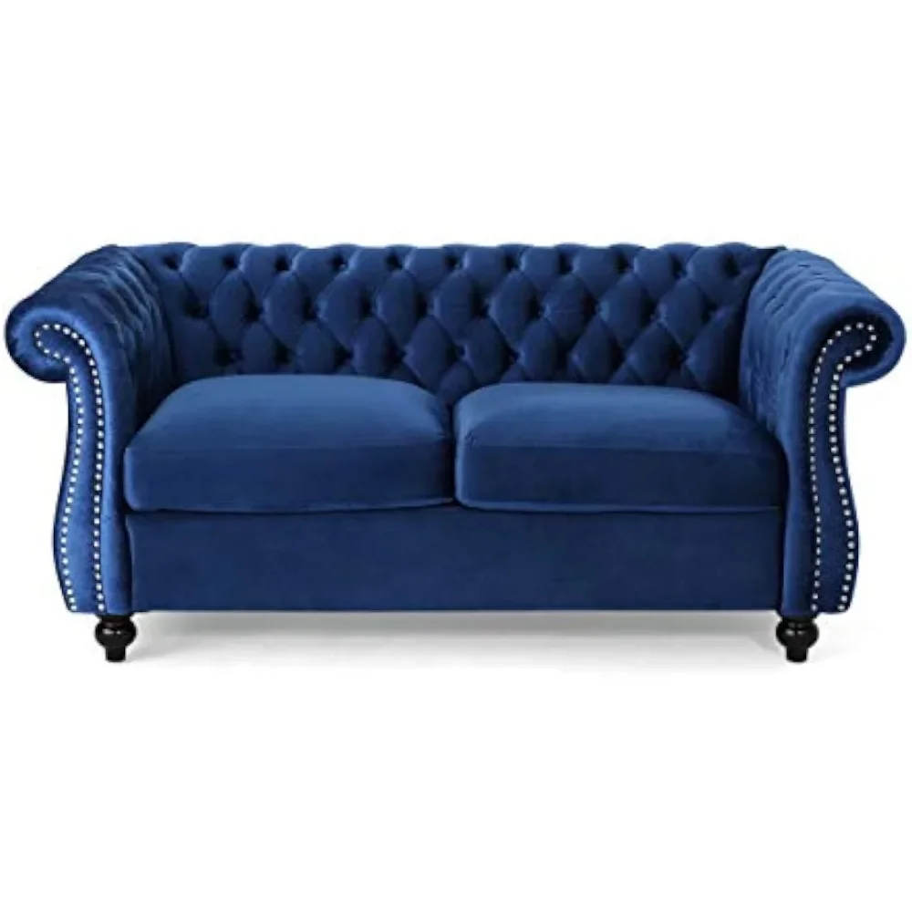 Christopher Knight Home Karen Traditional Chesterfield Loveseat Sofa, Navy Blue and Dark Brown, 61.75 x 33.75 x 27.75