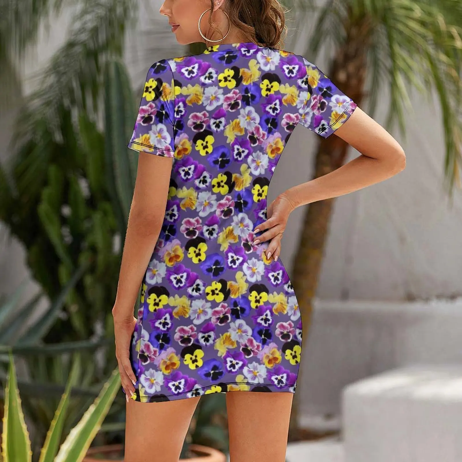 Pansy Mixture on Violet Short Sleeved Dress summer dress woman 2025 Dresses dresses with long sleeves women dress