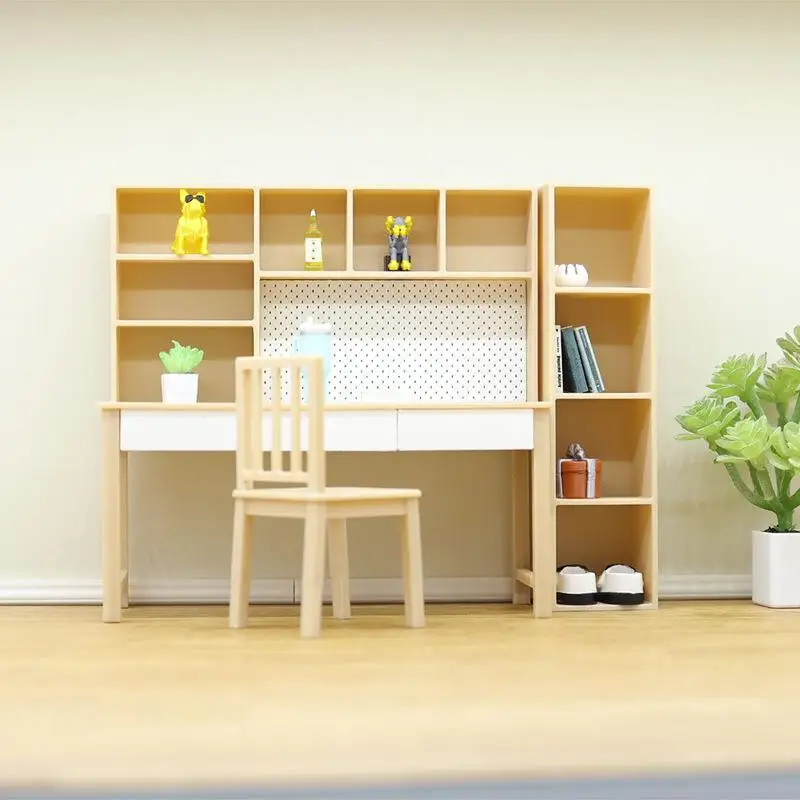 1 conjunto de casa de bonecas em escala 1/12, mesa combinada em miniatura, sala de estudo, modelo de estante para decoração de casa de boneca, brinquedo para crianças, presente
