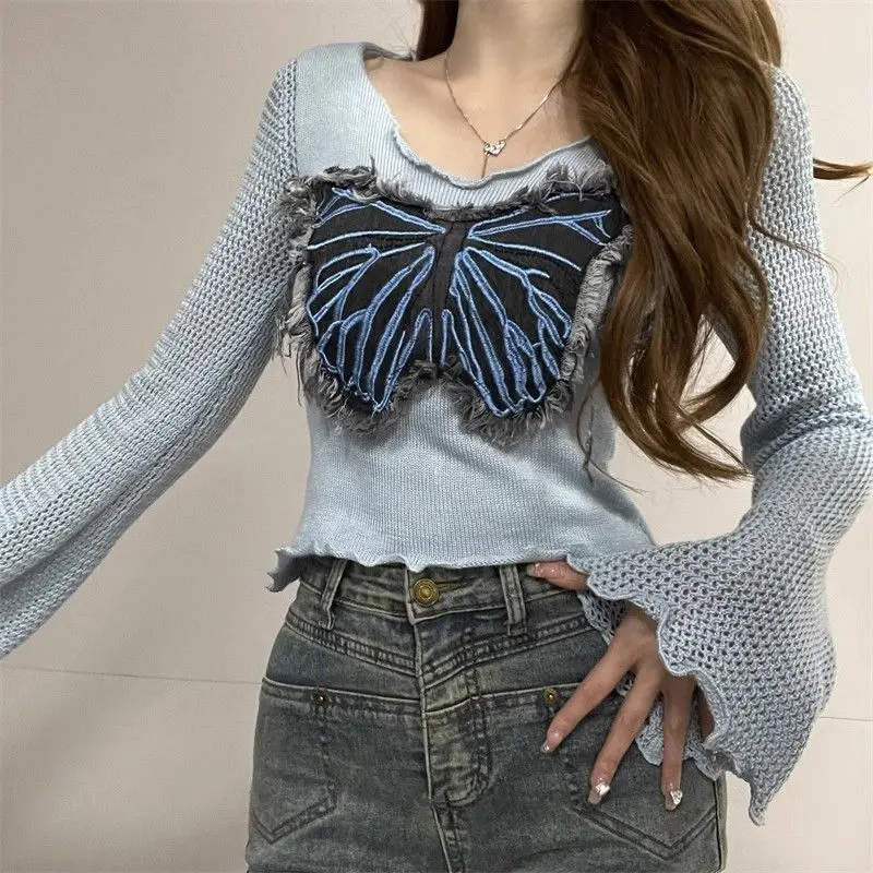 Women\'s Round Neck Spring Autumn New Fashionable Hollow Out Flare Sleeve Patchwork Embroidery Tassel Shorts Knitted Sweater Tops