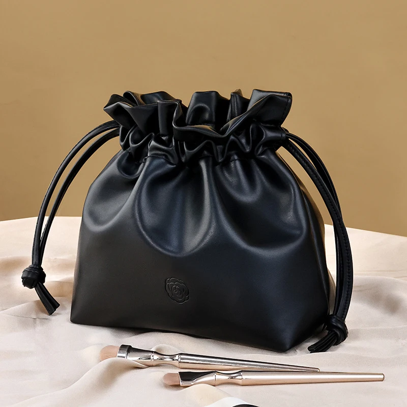 Women's Portable Travel Wash Bag Female PU Leather Waterproof Makeup Storage Pouch Drawstring Cosmetic Organizer Beauty Case
