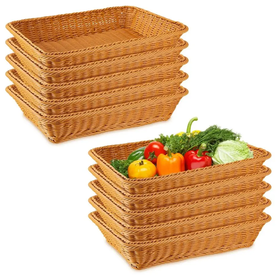 

10 Pcs Poly Wicker Woven Bread Basket Imitation Rattan Fruit Basket Tray Stackable Rectangular Food Baskets for Serving Display