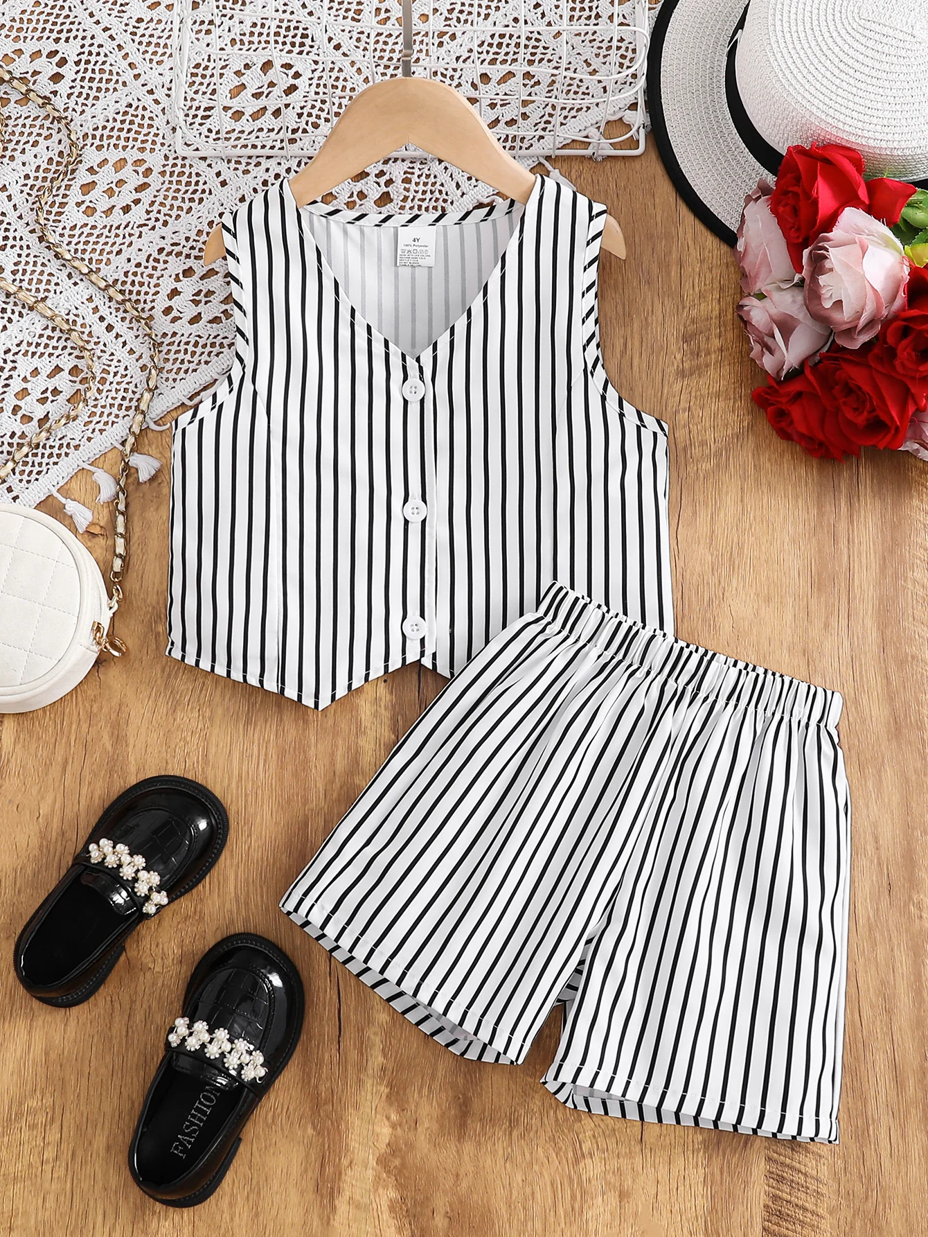 2-teiliges Set – Modisches, schlichtes Sommer-Kurzarm-Shorts-Set für Mädchen, Kleinkind-Mädchen-Cardigan mit V-Ausschnitt, gestreift, Knopfleisten-Weste + Shorts mit elastischem Bund, Sommer-Outfit,