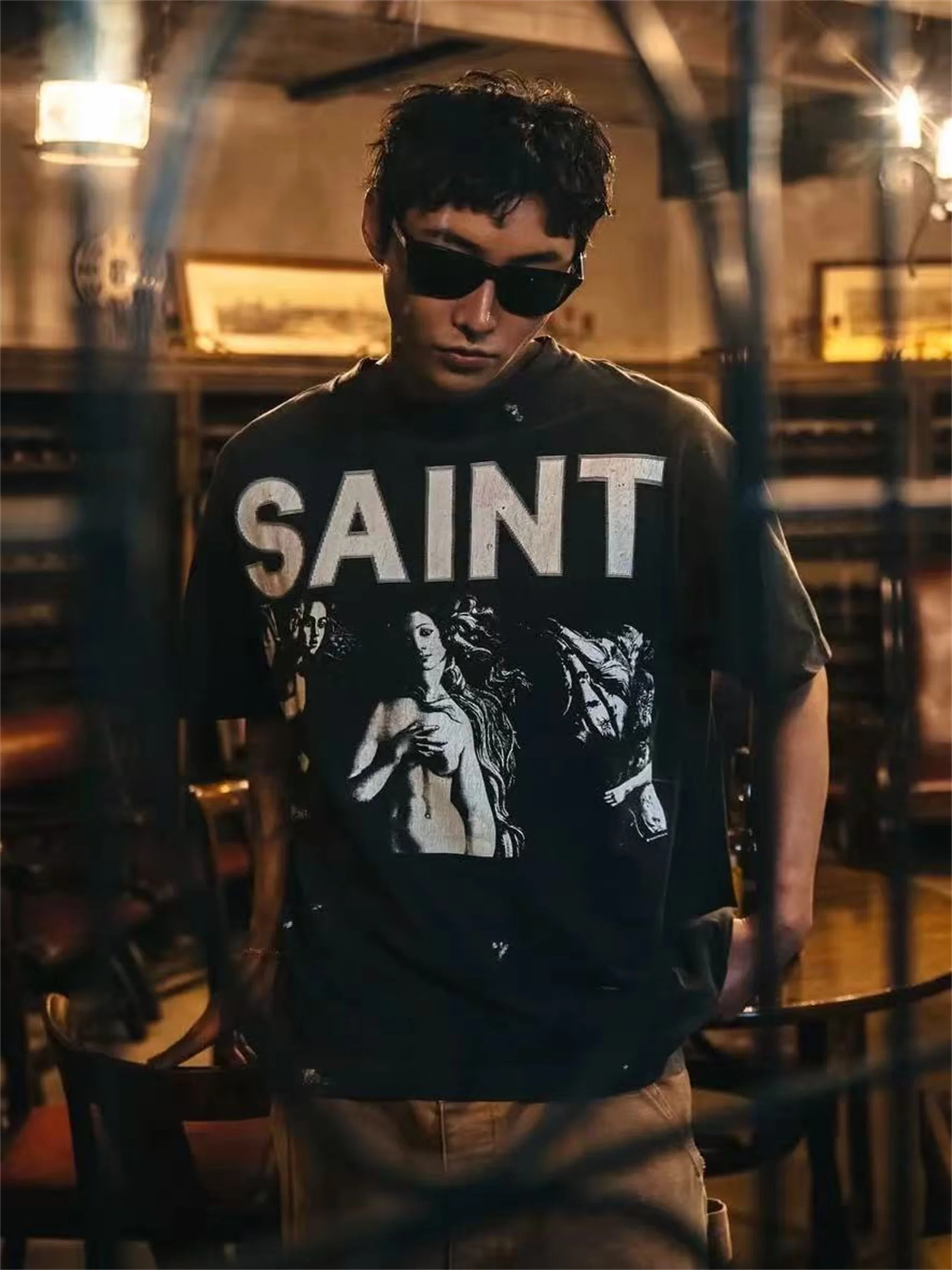 

Summer New Arrival SAINT OF MICHAEL Mxxx MARIA Letter Print High-Street Vintage Cotton Quality Short Sleeve Tee Tops T-Shirt