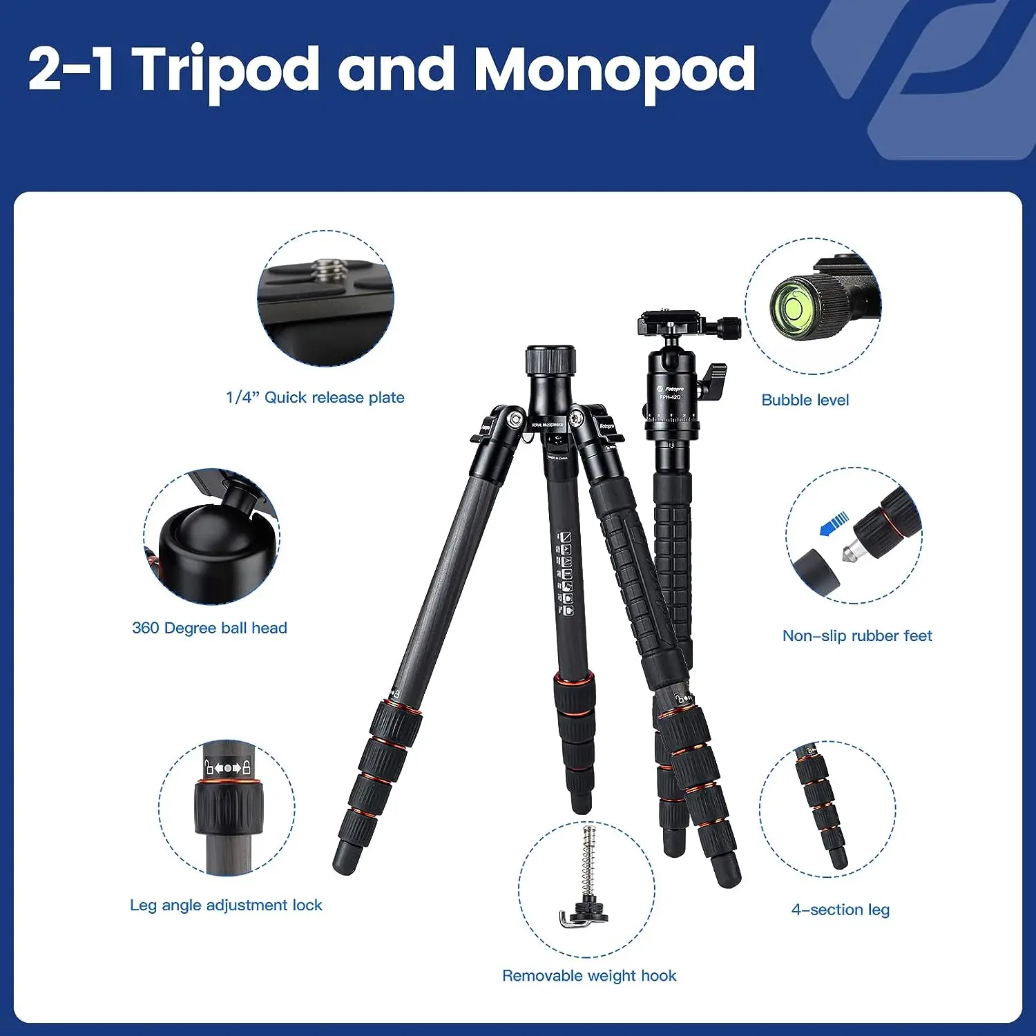 Fotopro Compact Detachable 2-in-1 Monopod With Quick Release Plate 59" Carbon Fiber Lightweight Travel Tripod for Camera