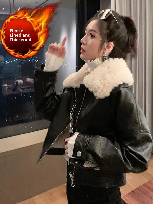 

Retro Hong Kong Sle Fce Lined Biker Jaet ort Thiened Lamb Fur Collar Bla Women's Autumn Winter Leather Coat Trendy