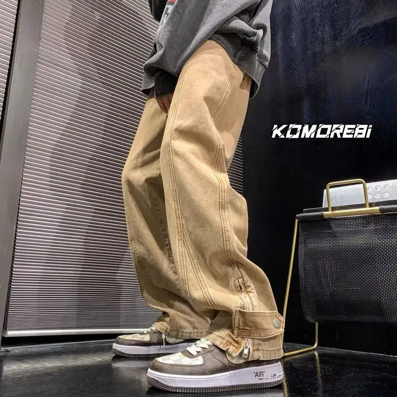 

Foufurieux Zipper Slit Jeans Men's Spring New High Street Cowboy Retro Straight Loose Wide-leg Pants Hiphop Denim Pants Trousers