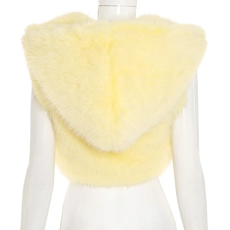 2025 Fall Winter Solid Faux Fur Hooded Jackets Vests Women Sleeveless Zipper Warm Coats Casual Furry Outerwear Cropped Tops