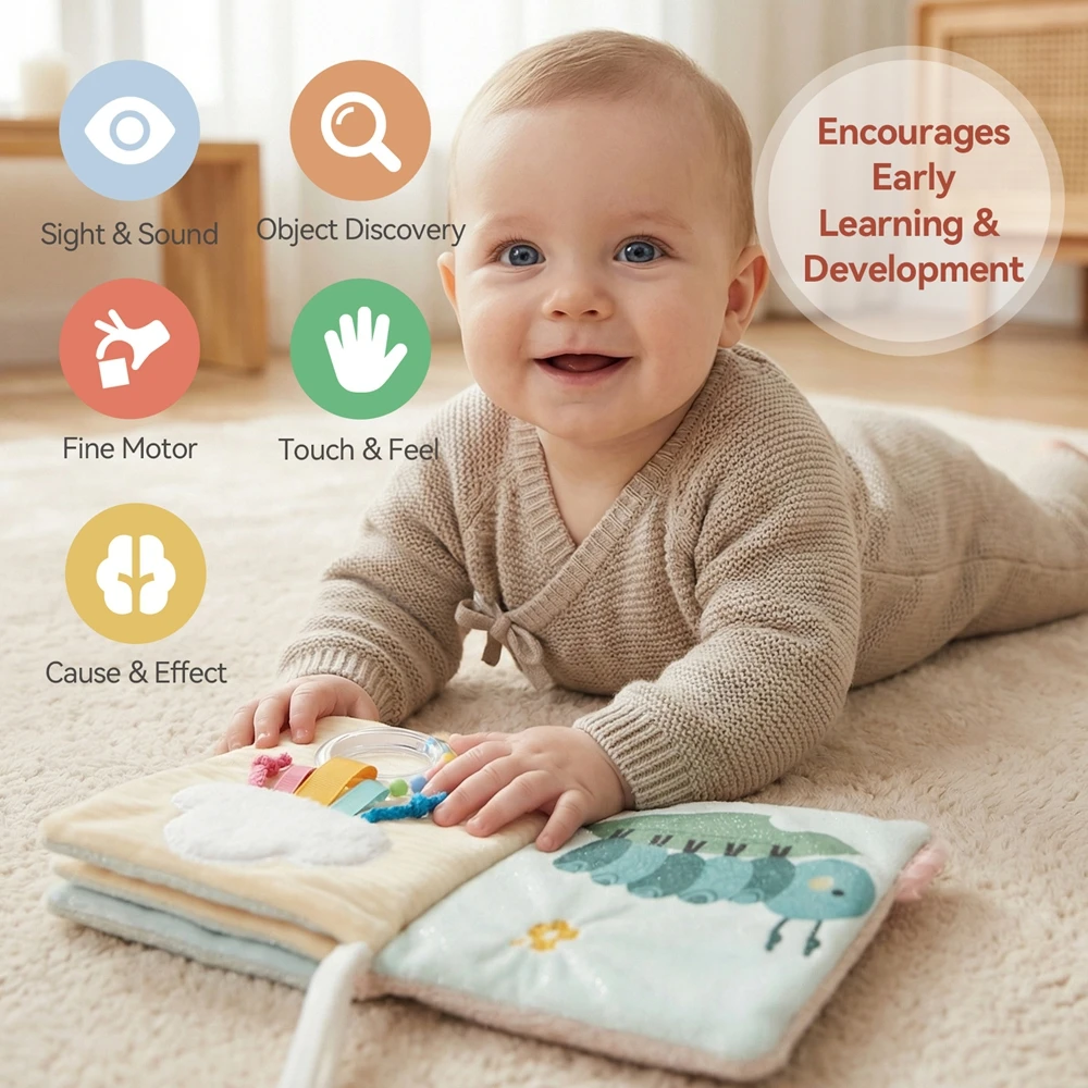 Livro de Pano 3D de Pelúcia para Bebês com Mordedor, Livro Sensorial Montessori com Som para Recém-Nascidos 0-36 Meses, Brinquedos Sensoriais Laváveis para Bebês