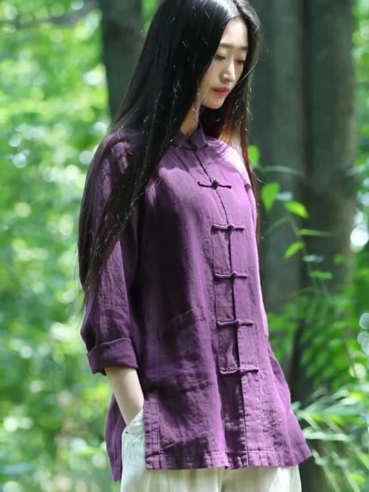 

Chinese Zen Sle Long Sve Cotton Linen irt Women's Autumn Vintage Collar Button up Loose Fit Breathable Top