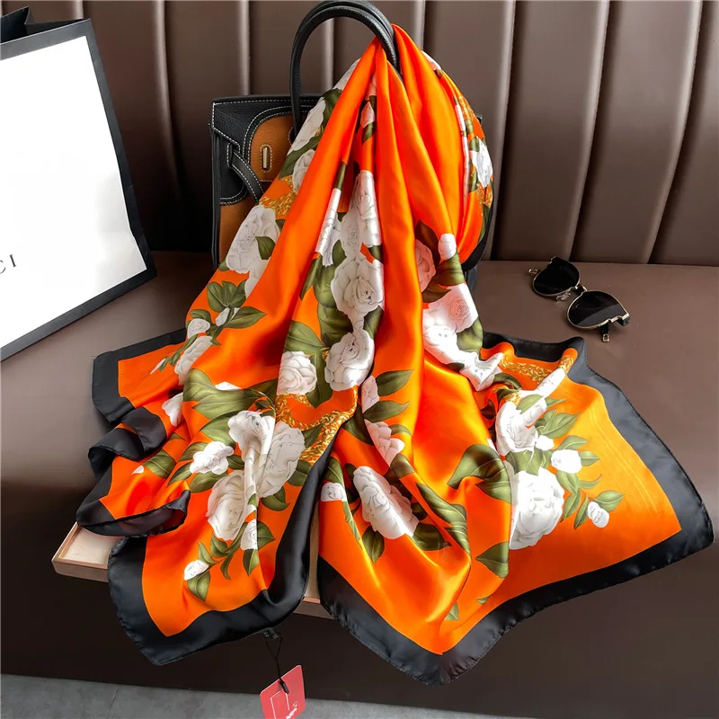 180*90cm Luxury Silk Scarf Women Printing Long Sun Protection Shawl Large Size Bandanna Foulard Muffler Hijab Scarves Soft Wraps