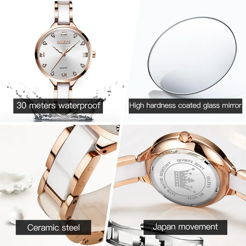 OLEVS 5872 Ceramic Dress Women Watch Luxury Rose Gold Ladies Wristwatch Gifts Japan Imports Quartz Movement Watches Relogio Femi