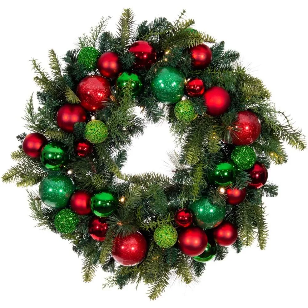 

[30 Inch Artificial Christmas Wreath] - Christmas Cheer Collection - Red and Green Decoration - Pre Lit with 50 Warm Clear Color