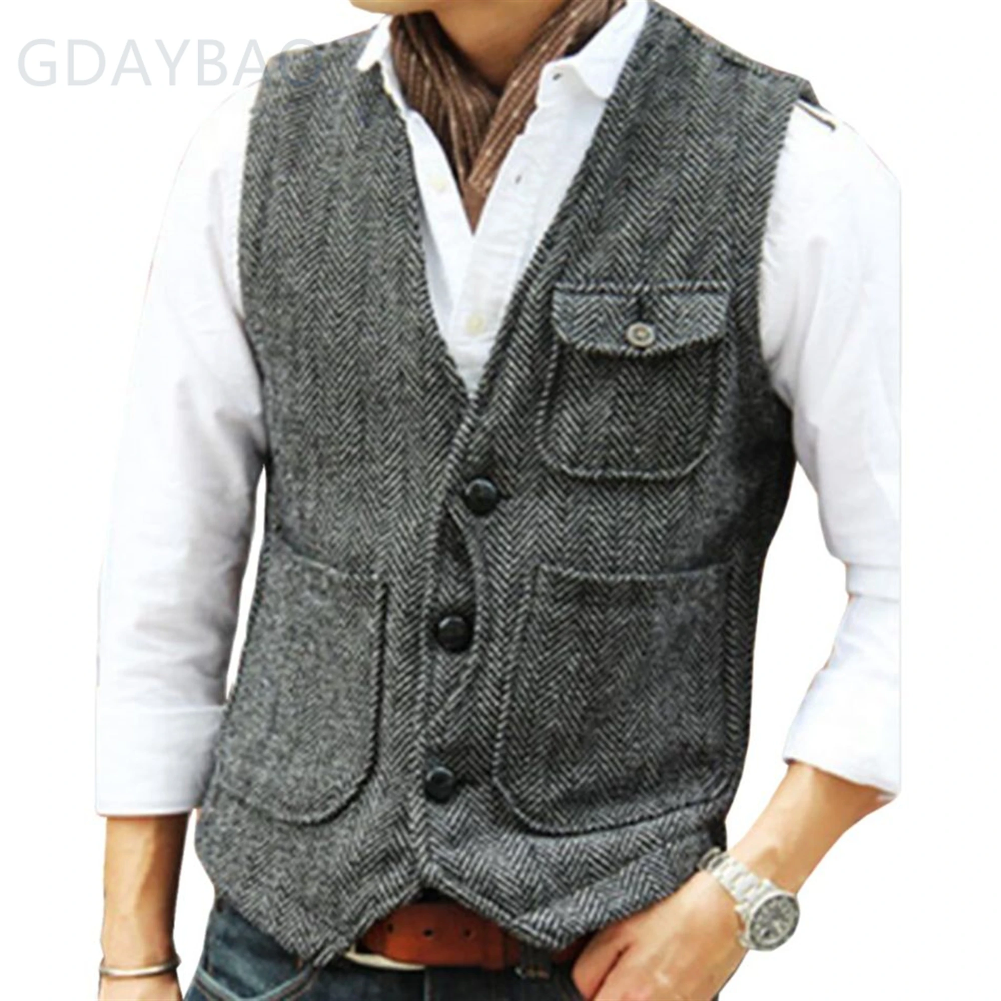 

Vest Brown Herringbone Wool Tweed V Neck Single Breasted Retro Tooling Male Gentleman Business Waistcoat For Wedding