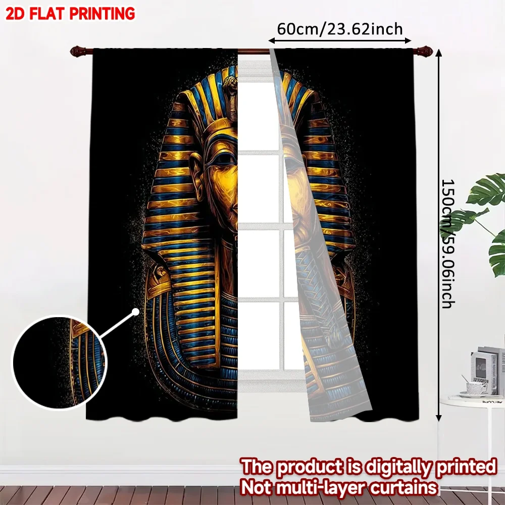 2pcs King Tut Curtains , Egyptian Pharaoh Mask with Gold Blue Details on Black Background for Luxurious Living Room Decor