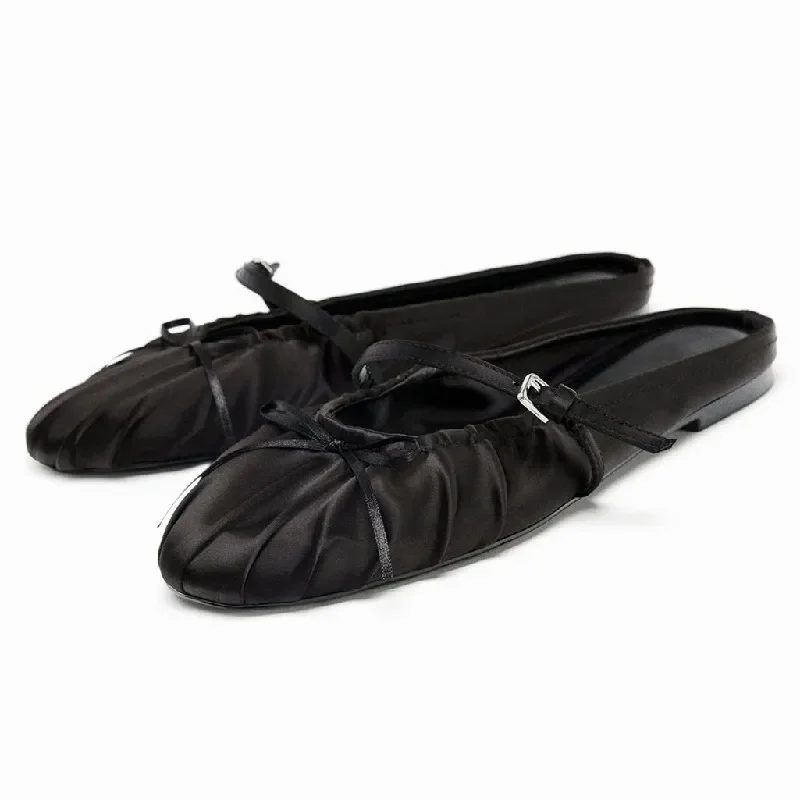

Satin Pleated Flat Mules Shoes Women Bowknot Belt Buckle Light Casual Sandals Female Comfort Round Toe Brand Slippers for Women