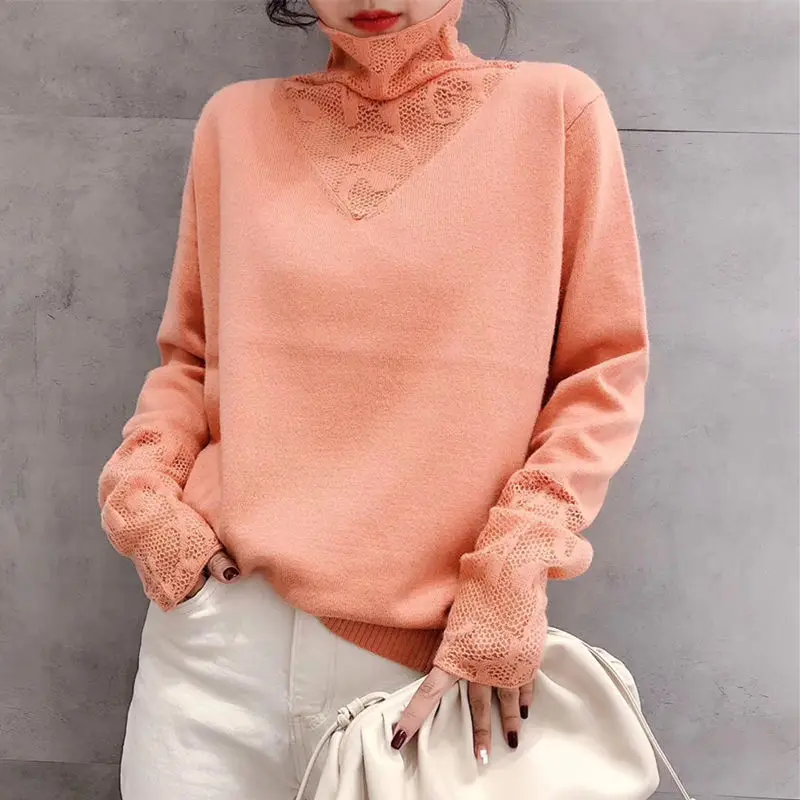 

Elegant Turtleneck Solid Color Knitted Spliced Lace Blouse Women's Clothing 2023 Spring New Casual Pullovers Loose Commute Shirt