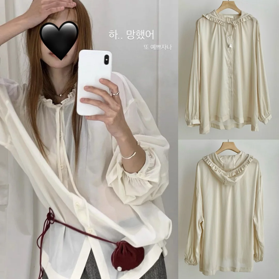 

Защита от солнца с кружевной отделкой и капюшоном, тонкая дышащая повседневная свободная посадка, длинная све, женская Memic a Momento, весна-осень